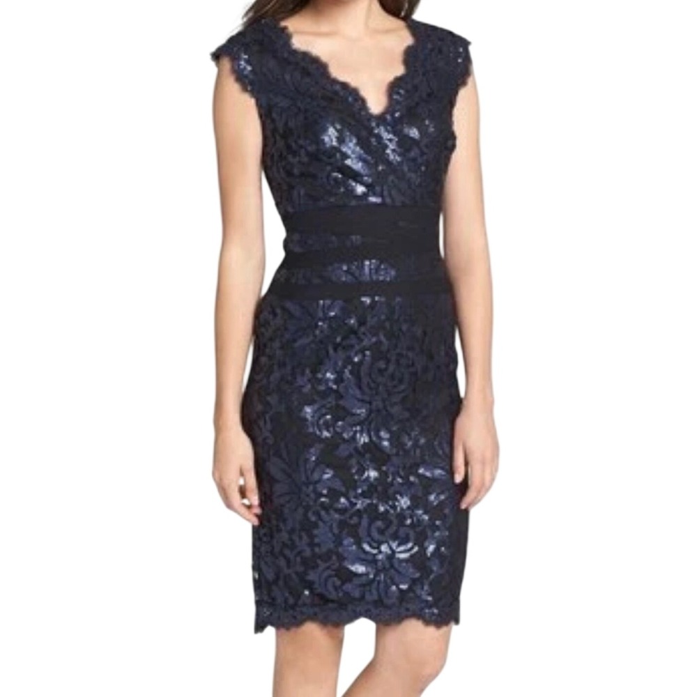 Tadashi Shoji Navy Blue Sequin Lace V-Neck Cocktail Dress 8 Midi Banded Waist